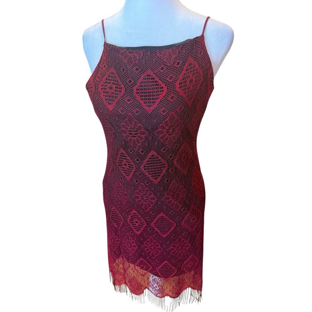 Vintage Y2K Mirrors Fringe Lace Spaghetti Strap Maroon Dress Size Medium USA